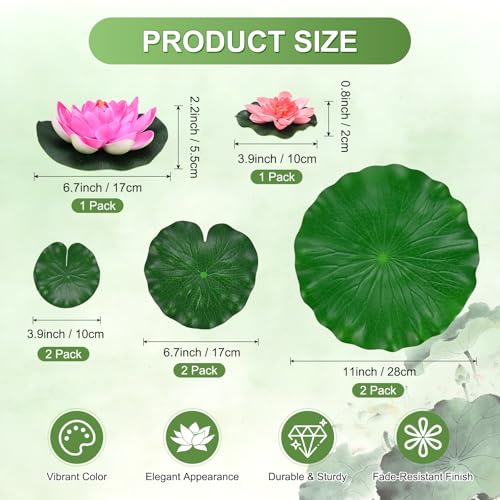 M METERXITY 1-Set Artificial Floating Foam Lotus Flower with Water Lily Pad, 4/7/11 Inch Fake Lotus Flowers Water Lilies for Pool/Fountain/Garden Decor, Pond Plant Ornament [Pink, Light Pink] - color: Pink, Light Pink, size: 6.7/3.9 Inch