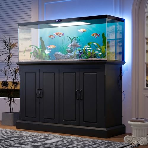 JIJIWANG 55-75 Gallon Fish Tank Stand with Power Outlet, 4-Cabinet Reptile Tank Stand for Turtle Terrarium, Heavy Duty, Black - color: Black, size: 50"L x 20"W x 36.2"H