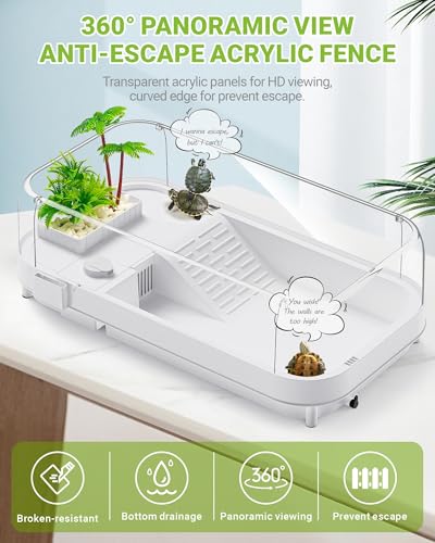 Moonorange Large Turtle Tank Kit (Tank+Lamp+Filter), Acrylic Turtle Tank Starter Kit with Heightened and Curved Fences, Bottom Drainage, Multi-Function Areas - color: White (Large Kit)