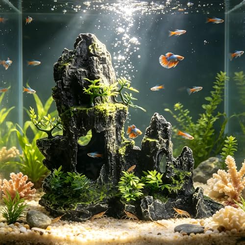 11 Inch Large Aquarium Decor, Tall Resin Mountain Rock Cave with Plants for Natural Aquascape – Realistic Fish Tank Decorations & Hiding Place for Betta, Shrimp, Cichlids