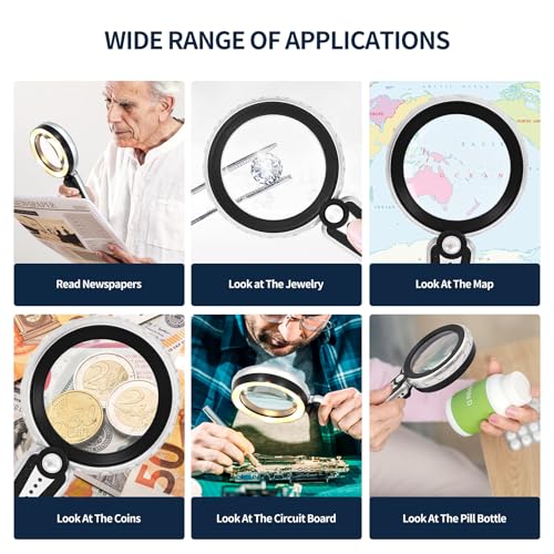 45X Magnifying Glass with Light, Rechargeable LED Magnifier for Reading | 1200mAh Battery • 6 Light Modes • Dual Acrylic Lenses • 4.6" Lens • Adjustable Brightness • 12 LEDs • Non-slip Handle - color: Black