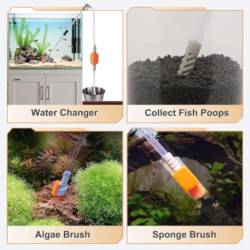 Aquarium Siphon Vacuum Water Changer Kit for 3~10Gal Tank with 6Ft Water Hose Gravel Cleaner Cleaning Tools Collect Fish Poops and Long Handle Multifunctional Algae Brush