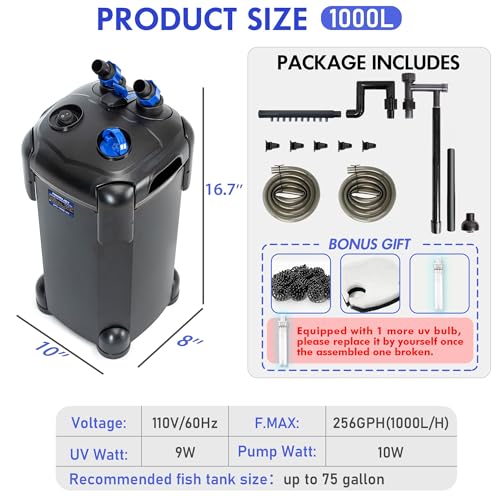 AMOSIJOY Canister Filter, Ultra-Quiet External Aquarium Filter with Free Media for Large Fish Tanks and Aquariums - size: Large