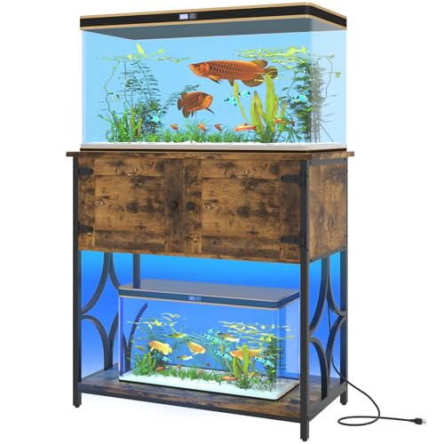 20-29 Gallon Fish Tank Stand with Power Outlets & LED Light | 330LBS Capacity, 30.7" L*15.7" W Tabletop, Cable Management, 20 Gallon Aquarium Stand with Storage for Turtle Tank, Brown - color: Brown