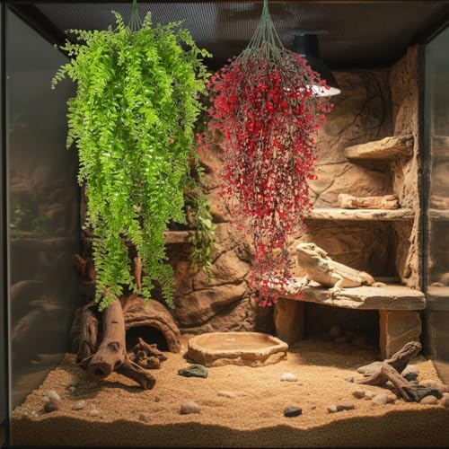 2 Pack Reptile Plants Terrarium Hanging Fake Vines with Suction Cup Artificial Leaves for Bearded Dragons Lizards Geckos Snake Hermit Crab (Red and Green) - color: 2 Pcs ( Red and Green )