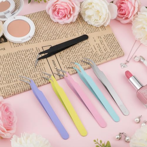 6 Pcs Stickers Tweezers Curved Craft Tweezers Multipurpose Anti-Static Crafting Tweezer for Diamond Art Rhinestone Scrapbooking Jewelry Making Lash Extension