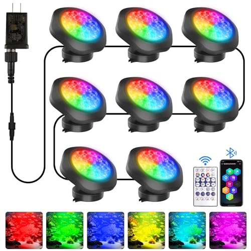 T-SUN Pond Lights LED Underwater – IP68 Waterproof Smart App & Remote Submersible Fountain Lights with 16 Million Colors Dimmable Timer for Outdoor Koi Pond Garden Waterfall Aquarium(Set of 8) - size: Set of 8
