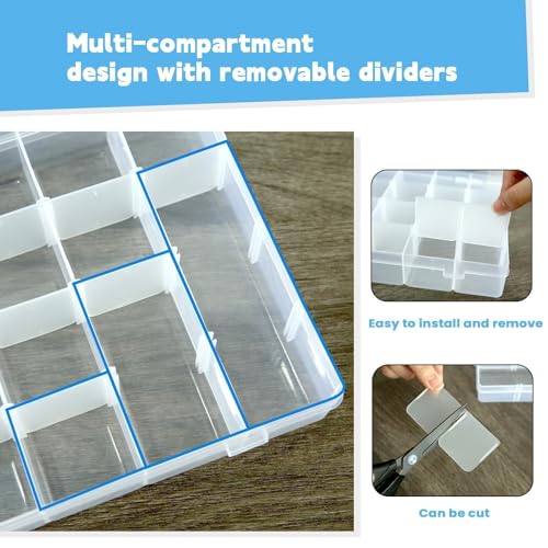 Megoogo 2pack 24 Grid Clear Plastic Bead Organizer Box with Adjustable Dividers, Bead Organizers and Storage Container Box with 2 Label Sticker for Craft Buttons Fishing Tackles Tools Hair Accessories