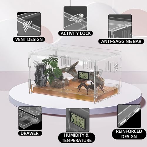 Reptile Terrariums with Temperature Hygrometer, 15.7"x9.9"x7.1" Acrylic Breeding Box Terrarium Cage Tank for Small Reptiles, Insects, Home Office (Terrestrial) - size: Terrestrial--L (Tray)