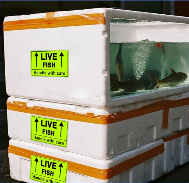 Remarkable Live Fish Stickers Shipping Labels, 2 X 3 Inch Fluorescent Green Please Handle with Care Stickers - 250 Adhesive Labels Per Roll