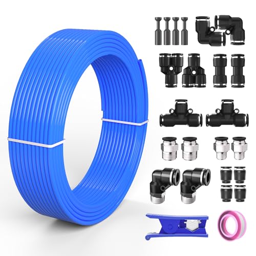 1/2 Air line,1/2 inch OD Air Hose Kit,Airline Tubing Repair Kit Compressor Tube with Push to Connectors Fittings(Blue-32.8FT/10M) - color: Blue, size: 1/2" OD