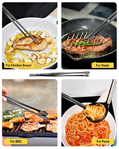 4 Pcs Fine Long Tweezer Tongs Professional Black, 12'' and 10'' Stainless Steel for Kitchen, Food, Cooking, Repairing, Sea food and BBQ - color: Black