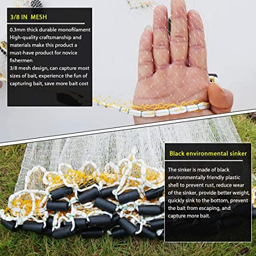 Drasry Saltwater Fishing Cast Net for Bait 3/8 1/4 or 1/2 with Heavy Sinkers Fish Trap Throw Net. Size 3ft/4ft/5ft/6ft/7ft/8ft/9ft/10ft Radius Freshwater Nets - size: 5FT (150cm) Radius, style: Pvc-0.3mm Mono 3/8mesh