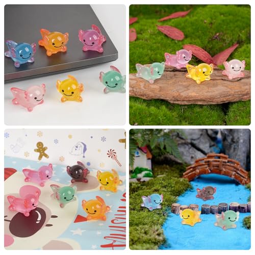 Mini Axolotl Figurines, 80 Pack Miniature Axolotl Figurine Luminous Resin Animal Charm Ornament for Fairy Garden Bonsai Miniature Landscape Desktop Dollhouse