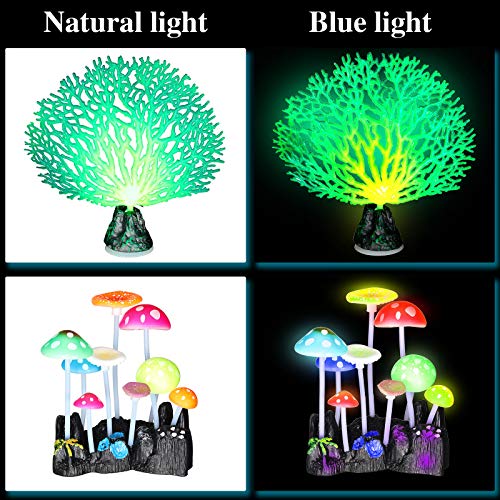 Frienda 8 Pieces Glowing Effect Fish Tank Decorations Artificial Plants with 2 Style Glowing Kelp, Sea Anemone, Simulation Coral, Jellyfish, Lotus Leaf, Mushroom for Aquarium Ornament(Yellow, Pink) - color: Yellow, Pink