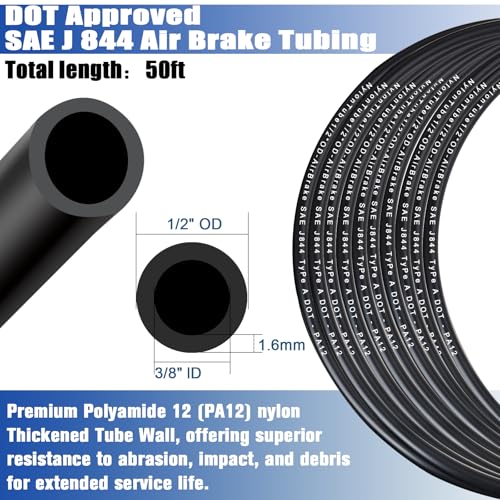 1/2" OD x 50FT DOT Air Line Black SAE J 844 PA12 Nylon Air Brake Tubing with Cutter and Teflon Tape, Pneumatic Nylon Air Line Hose for Semi Truck Trailer Air Brake System & Fluid Transfer - size: 50FT-1/2"OD