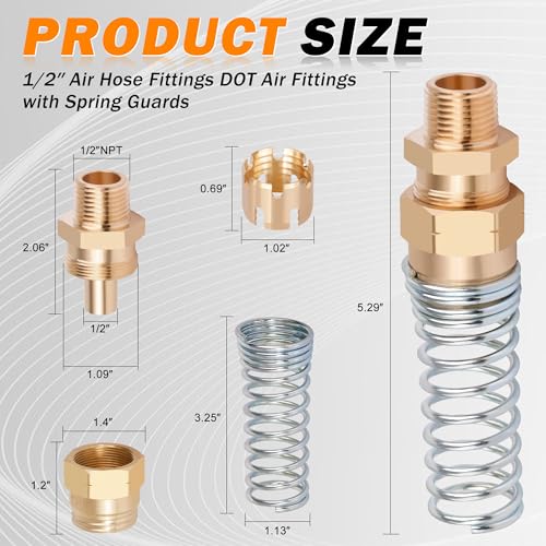 4Pcs Brass 1/2” Air Hose Fittings DOT Air Fittings with Spring Guards, 1/2” Male Connector for Rubber Tube, Air Brake Hose End Fittings, with 8 Fitting Sleeve Tubes - size: 1/2" Hose x 1/2" Male, style: 4pcs Connector with Spring Guard