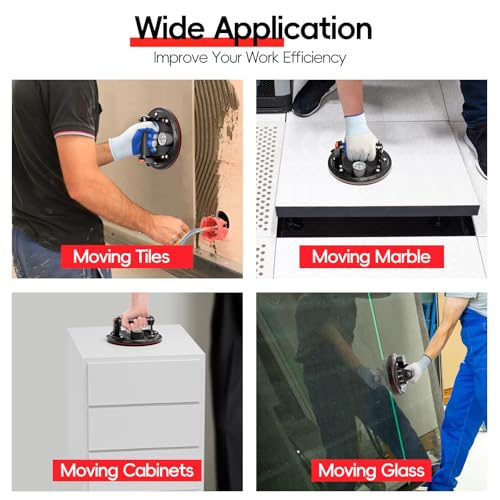 SPECILITE 8" Heavy Duty Glass Suction Cups 2 Pack with Pressure Gauge for Lifting Large Tile, Marble, Windows, 880 lbs Load Capacity, Industrial Vacuum Lifter with Handle, Carrying Case, Gloves, Black - color: Black