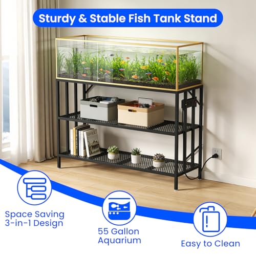 55-75 Gallon Aquarium Stand with Built-in Power Outlet, Heavy Duty 3 Tier Fish Tank Stand with Adjustable Storage Shelf, Metal Frame Holds 1000 LBS, Stable Anti-Slip Design (75-55 Gallon with Power Outlets)