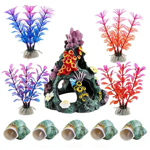 10PCS Fish Tank Decorations Coral Aquarium Decor, Resin Coral Mountain Cave Fish House, Betta Fish Hideout for Rest Hide Play Breed, Aquarium Decor Accessories with Plants