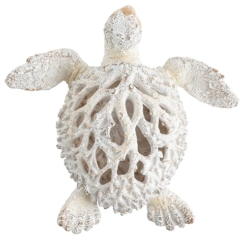 VVGIFTS Ocean Decor White Sea Turtle Coral Reef Home Office Decor Sculpture Beach Coastal Tabletop Shelf Collection (White) - color: Grey and White