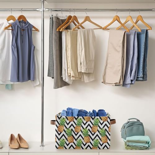 Pineapple Pattern Storage Basket Bin, Large Cube Storage Box Canvas Collapsible Storage Organizer for Home Office Closet - 15 L x 11 W x 9.5 H - color: Pineapple Pattern, size: 1 PCS