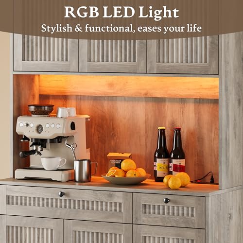 BORNOON Pantry Cabinet with Charging Station and Light, Tall Kitchen Pantry Storage Cabinet with Microwave Stand, Wide Fluted Kitchen Hutch with Storage Drawers and Adjustable Shelves for Dining Room - color: Wood, size: 6-Door