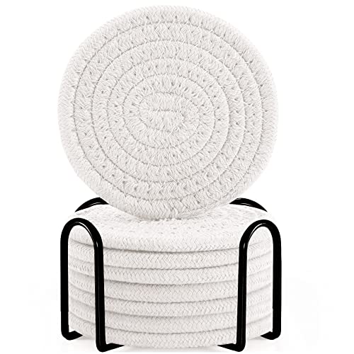 ABenkle 8 Pcs Drink Coasters with Holder, Cotton Woven Absorbent Coasters for Drinks, Minimalist Home Decor Coaster Set for Wooden Tabletop Protection Table, 4.3 inches White - color: White, size: 8 Pcs