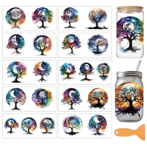 arricraft 10 Sheets UV DTF Cup Wrap for 16OZ Glass, Watercolor Tree of Life Moon Rub on Decals PVC Transfer Stickers for DIY Cups Wood Funiture 24x11cm/9.4x4.3inch - style: Watercolor Tree of Life Theme