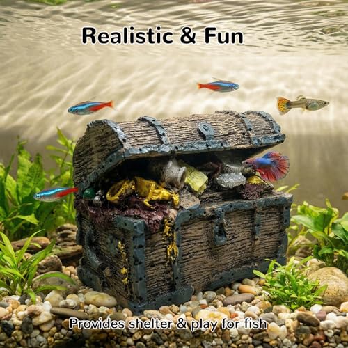 Mipukbay Treasure Chest Fish Tank Decorations, Funny Aquarium Decor Ornament for Small Aquarium and Fish Tank, Safe Landscape Rock Cave for Betta Fish, Goldfish and Aquatic Pets - size: Treasure Chest