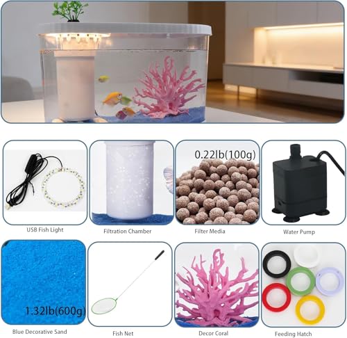 2.2Gal Aquarium Starter Kits, Small Beta Fish Tank Kit with Quiet Filter & Color Light, Nano Desktop Tank for Betta Shrimp Guppy Goldfish, Complete Starter Kit (12.6 * 7 * 5.6 Inch) - color: WHITE