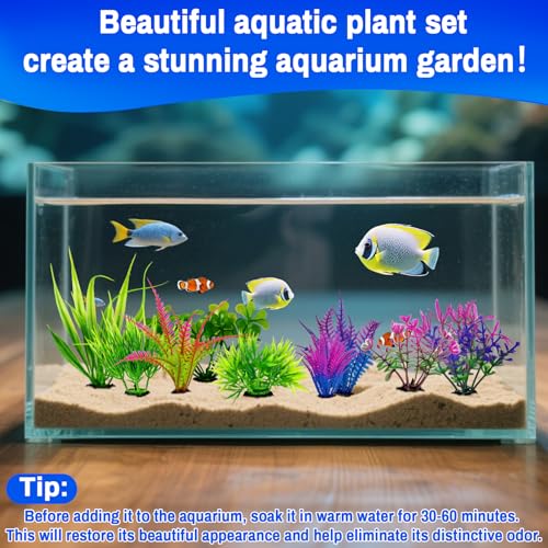 RAINFLOW Artificial Aquarium Plants Decorations - 10Pcs Green & Purple Small Artificial Seaweed Fish Tank Decorations,Aquarium Decor Set,Plastic Plants Betta Fish Tank Accessories