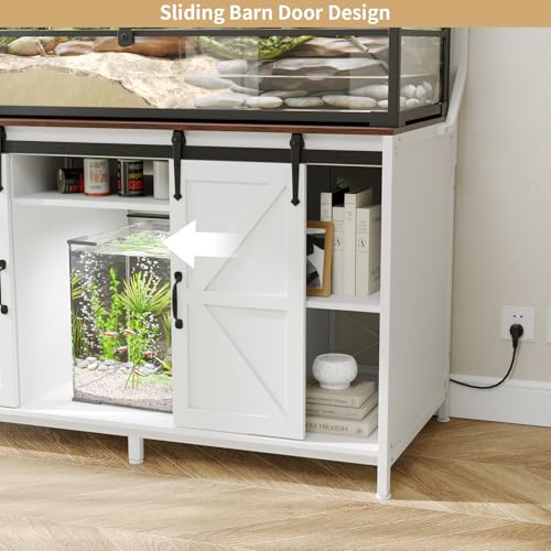 VOWNER Farmhouse Reptile Tank Stand with Power Outlet, 48" X 24" Tabletop Fits up 120 Gallon Bearded Dragon Tank, Heavy Duty Aquarium Stand with Storage Cabinet, Reptile Turtle Terrarium Stand White - color: White + Walnut