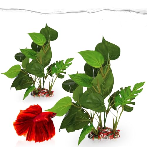 SunGrow Plastic Leaf Plant, Heavy-Duty Ceramic Base, Hiding Spot for Fish, Betta, Angelfish, Gold Fish, Frog, Python, Reptiles, Amphibians (2, 10 Inches) - size: 10 Inches