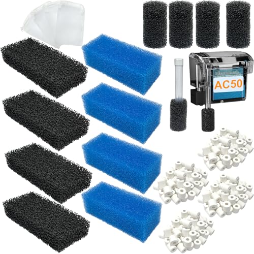 20-Pack Filter Media Kit Compatible with Fluval AquaClear AC50 Power Filter (20-50 Gallon), Includes 4 Foam Filters, 4 Carbon Sponge Filters, 4 Pack Ceramic Rings and 4 Intake Strainer Sponges - size: AC50 Series
