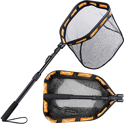 PLUSINNO Floating Fishing Net for Steelhead, Salmon, Fly, Kayak, Catfish, Bass, Trout Fishing, Rubber Coated Foldable Landing Net with Fixed or Telescoping Pole Handle, Fishing Gear and Gifts for Men - color: 19.7"/50cm Hoop Size length 1.35M Orange (Tele