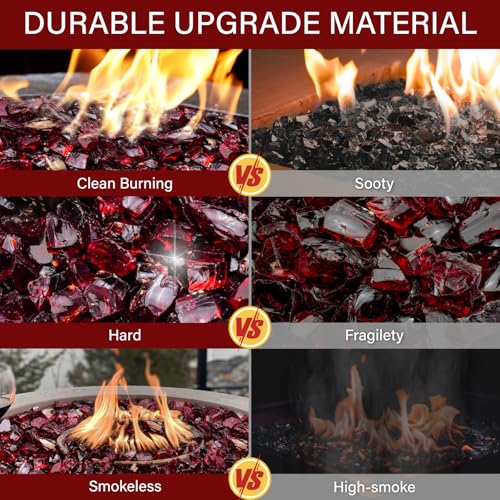 NUPICK 10 Pound Fire Glass, 1/2 Inch Shiny Fire Pit Glass, Tempered Firepit Glass Rock for Propane or Natural Gas, Glass Rocks for Fire Pit Table, Fireplace Glass for Landscaping, Red - color: Red, size: 10 Pound (1/2")