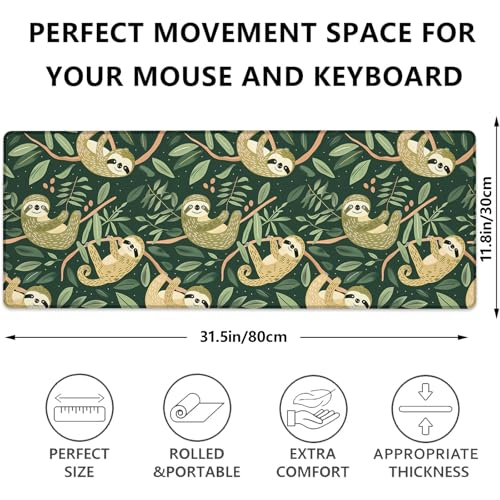 Funny Sloth Gaming Mouse Pad, Cute Sloths Hanging on Branches Large Desk Mat for Computer, Extended Keyboard Laptop Mouse Pads 31.5×11.8in, Non Slip Rubber Mousepad for Office Decor Gifts - color: Sloth30