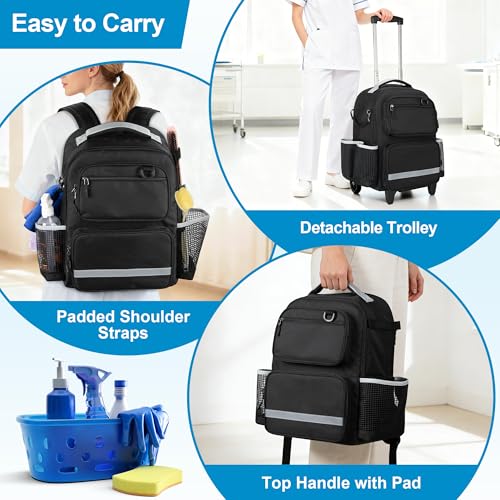 HODRANT Large Rolling Cleaning Backpack with Detachable Trolley & Waterproof Bottom, Cleaning Supplies Bag with Handle & Support Plate, Cleaner Caddy Organizer for Car Wash & Housekeeping Tool Storage