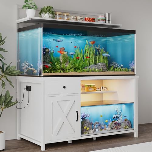 55-75 Gallon Fish Tank Stand with Power Outlet, Led Light, Heavy Duty Aquarium Stand with Cabinet for Fish Tank Accessories Storage, Shelf, for Turtle Tank, Reptile Terrarium, 1100 LBS (White) - color: White