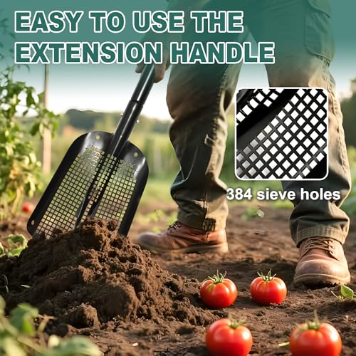 VYNTRA 47.7" Metal Sifting Shovel, Adjustable Sand Sifter for Chicken Coop, Farm Goat Stall & Garden, Beach-Heavy Duty Durable Mesh Screen for Poop Cleaning Durable Sifter Shovel Ergonomic Grip Black