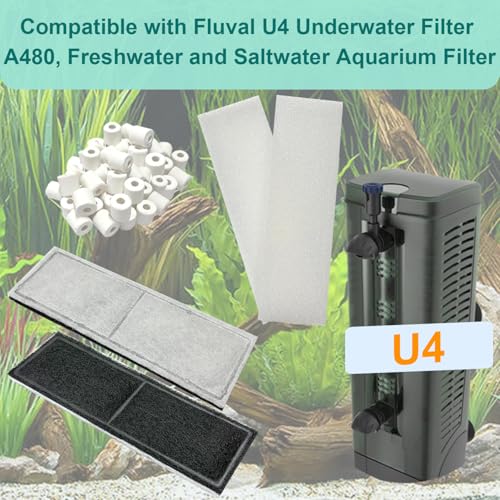 9 PCS Aquarium Maintenance Media Replacement for Fluval U4 Underwater Filter A480, Freshwater and Saltwater Aquarium Filter, Includes 4 Foam Pads, 4 Poly Carbon Cartridges and 1 Ceramic Ring - size: U4 Series