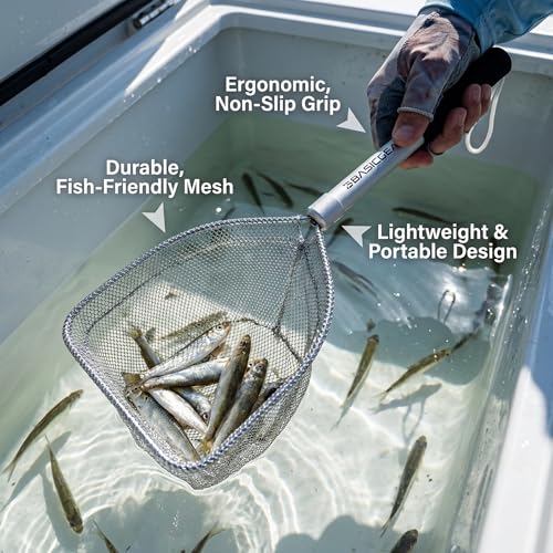 BasicGear Compact Baitwell Net for Live Bait – Soft Nylon Mesh, Aluminum Frame, EVA Non-Slip Grip & Anti-Drop Rope - size: Small