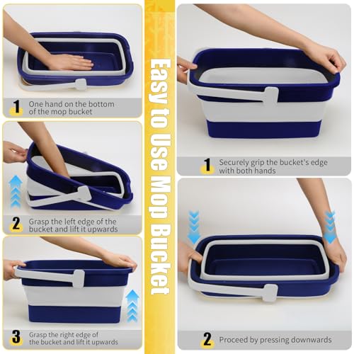 Collapsible Mop Bucket for Cleaning with Handle, Silicone Square Wash Bucket for Windows Cleaning Car Washing,Cleaning Supplies Organizer Plastic Water Bucket - color: Blue