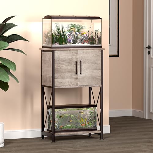 Herture 5-10 Gallon Fish Tank Stand, Metal Double Aquarium Stand with Cabinet for Fish Tank Accessories Storage, Heavy Duty 20.5" L* 11.02" W Tabletop, 500LBS Capacity Grey PG06YGZ - color: Grey, size: 5-10 Gallon