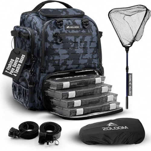 Waterproof Fishing Backpack with Tackle Boxes, Rod Holder & Foldable Net - 40L Fishing Tackle Bag with Trays Included, Extra Storage Gear and Equipment, Rain Cover, Fisherman Gift for Men - color: Black Camo