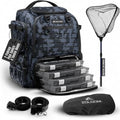 Waterproof Fishing Backpack with Tackle Boxes, Rod Holder & Foldable Net - 40L Fishing Tackle Bag with Trays Included, Extra Storage Gear and Equipment, Rain Cover, Fisherman Gift for Men - color: Black Camo