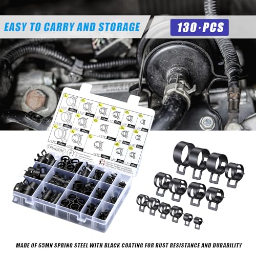 130Pcs 6-25mm Spring Hose Clamps Kit With Pliers, Black Small spring Clamp，Constant Tension Steel Clamps for Automotive Fuel Lines, Silicone Vacuum Hoses，Low-Pressure Air Clips - style: 130 pcs