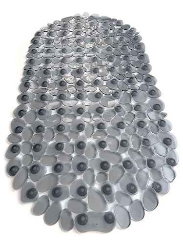 “Pebbles” Non-Slip Bathtub & Shower Mat 27”x14” Oval - Non-Toxic - Safe, Clean, Machine-Washable, Superior Grip & Drainage, Vinyl, for Smooth Floors ONLY, Transparent Gray - color: Transparent Gray (Grey), size: 27" x 14" (Oval)