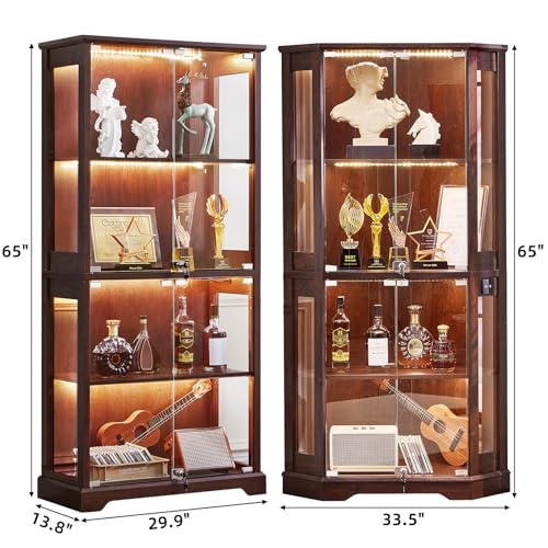 LELELINKY Farmhouse Glass Display Cabinet Set of 2 with Doors, Corner Curio Cabinet for Collectibles, Wooden Display Cabinets for Home, Office, Living Room, Corner, Walnut - color: Walnut, size: Set B